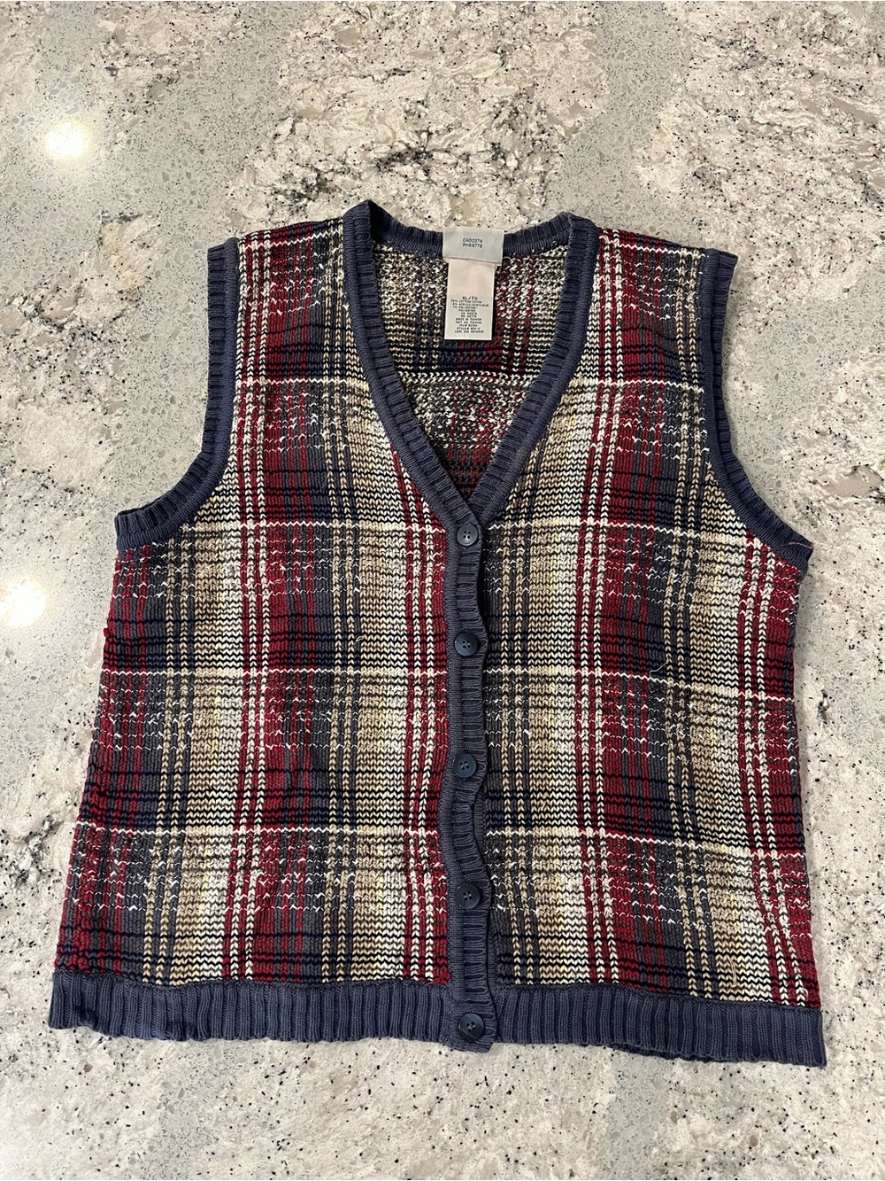 Vintage Northern Reflections Red, Navy & Cream Plaid Knit Button-Up Sweater Vest